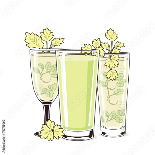 Fresh celery and parsley juice in glasses
