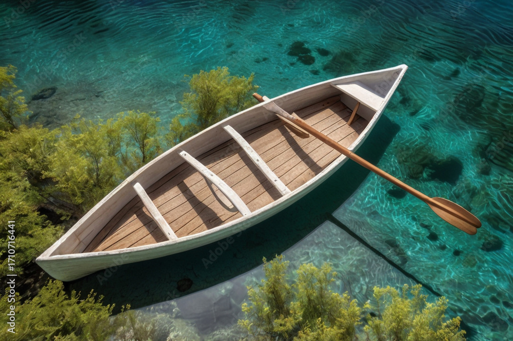 Obraz premium White Wooden Rowboat with Paddle Floating on Crystal Clear Turquoise Water Keywords: boat, rowboat, wooden, white, paddle