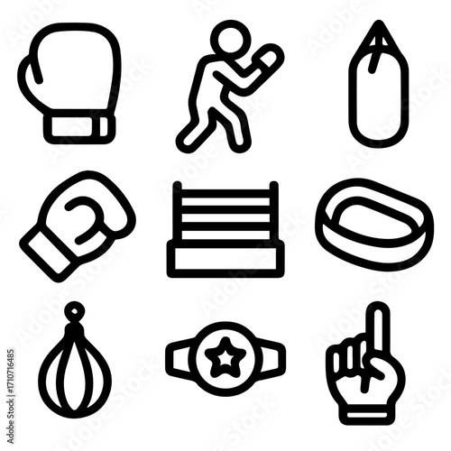 Boxing Equipment Outline Icons Gloves Ring Punching Bags Belt and Referee Hand.