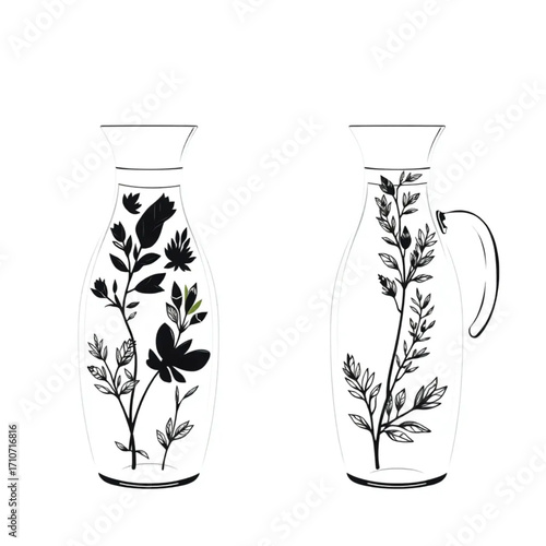 Fresh herb-infused water in glass carafes