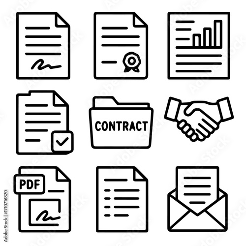 Business Documents and Contractual Agreements in Black and White Line Art.