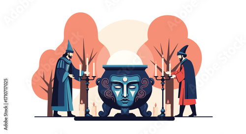 Two wizards in long robes and pointed hats perform a mystical ritual over a large ornate cauldron.