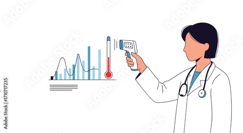 A medical professional uses a thermometer to check temperature near a graph showing data.