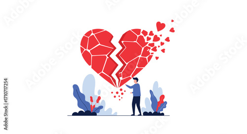A person is trying to fix a broken heart that is shattering into pieces on a white background.