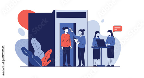 People waiting for an elevator in a modern office building.