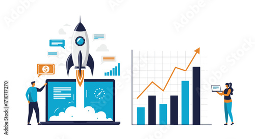Launching a business with a laptop and seeing growth with a chart and rocket.
