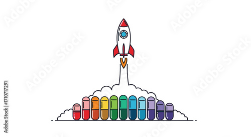 A rocket launching above a colorful bar chart representing growth and progress.