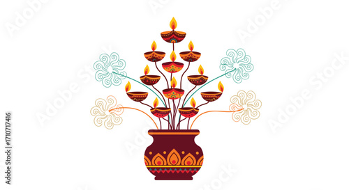 Traditional decorative arrangement of diyas in an ornate pot for festival celebrations.