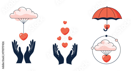 Caregiving compassion and love represented by falling hearts held by hands under clouds and umbrellas.