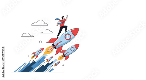 A person riding on a rocket soaring into the sky on a clear day.