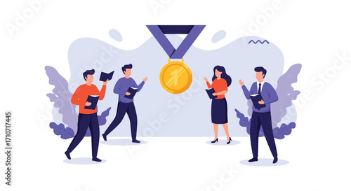 Team members celebrating the successful achievement of a gold medal award.
