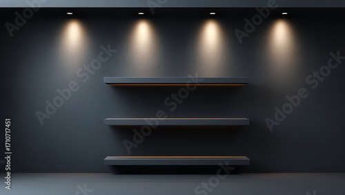 Black empty wall with spotlight for product presentation background, modern luxury shelves and cabinet interior mockup in dark scene lighting, front view
