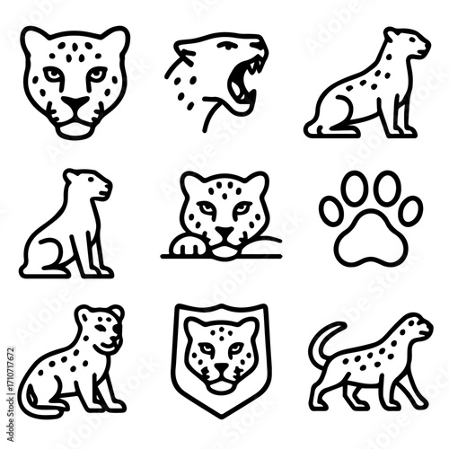 Collection of Black Line Art Leopard Silhouettes.