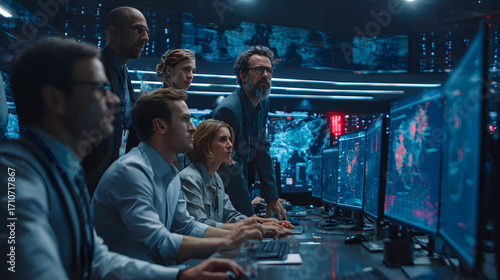 Cybersecurity Team Monitoring Threats in a Modern SOC