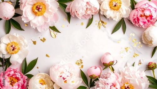 Fototapeta Naklejka Na Ścianę i Meble -  Delicate pink peonies on white marble