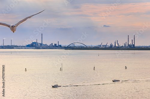 View of Marghera Port at dusk, industrial area near Venice in Italy.