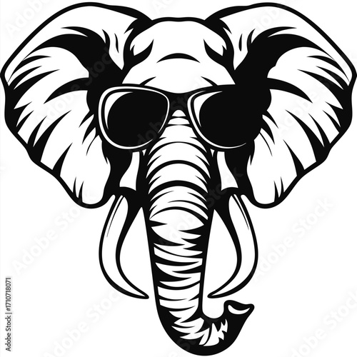 Stylish elephant head wears sunglasses in black and white line art showcases design