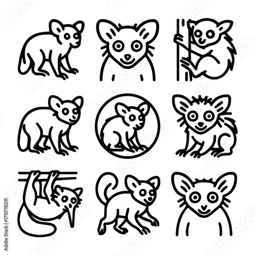 Collection of Cute Cartoon Lemur Silhouettes in Various Poses.