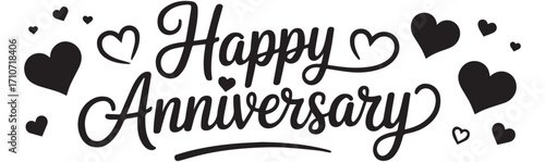Happy Anniversary text with varied heart designs and decorative line
