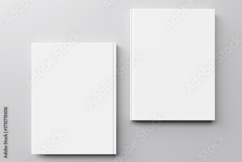 Realistic mockup of two books, magazines, or brochures with clean, blank white front and back covers. Isolated on a gray background.