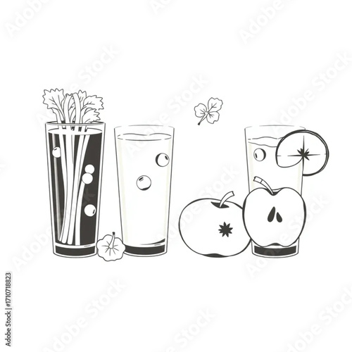 Fresh celery and apple juice shots lined up
