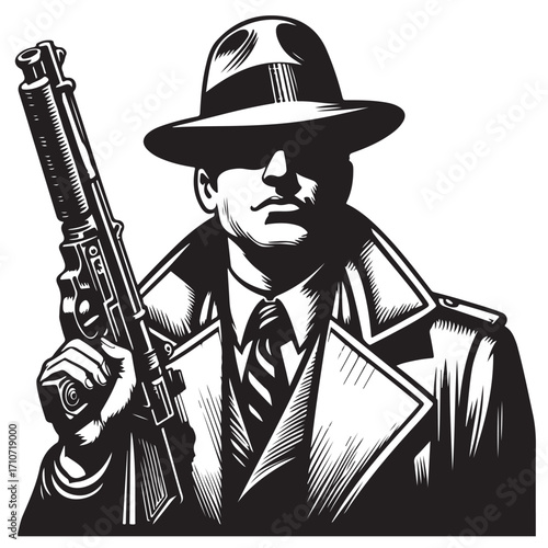 Gangster with gun illustration, vintage mafia man in hat, retro crime vector artwork