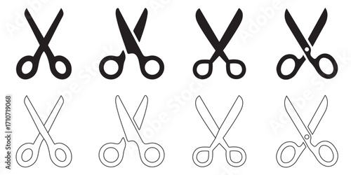 Scissors Icon Set – Black Silhouette Vector Collection of Cutting Tool Icons in Various Styles