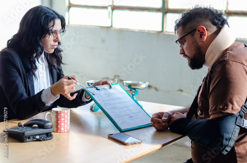 Foto Young female lawyer assist a injured man with legal problem