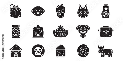 Collection of stylized tribal masks and objects