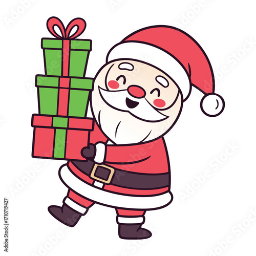 Joyful cartoon santa claus character with a big smile happily carrying a stack of colorful wrapped christmas presents and gifts for the holiday season
