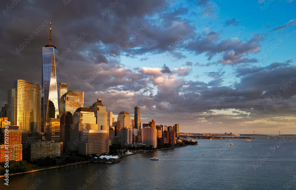 Fototapeta premium Manhattan skyline, New York, United States. Aerial view of New York city skyscrapers in Manhattan. USA NYC. NY city. Lower NYC skyline. New York cityscape. America, New York City above. NYC landmark.