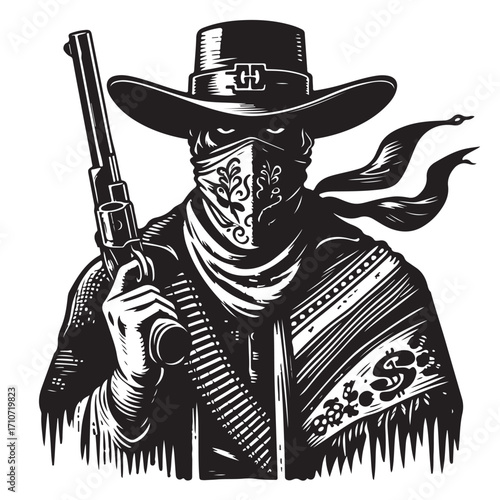 Gangster with gun illustration, vintage mafia man in hat, retro crime vector artwork