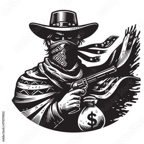 Gangster with gun illustration, vintage mafia man in hat, retro crime vector artwork