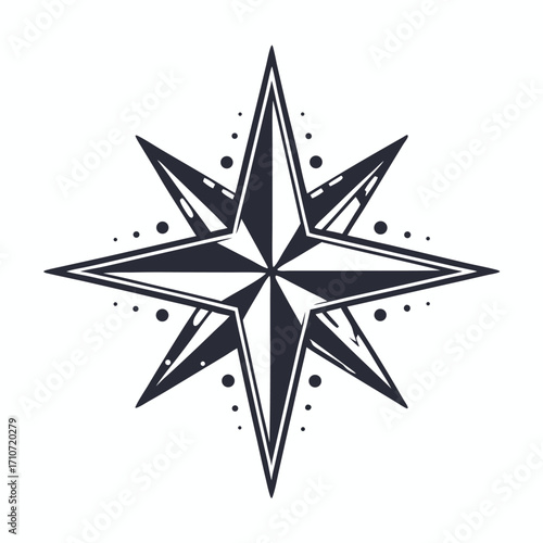 Stylized eightpointed compass rose showcases a navigational theme with simple black and white elements