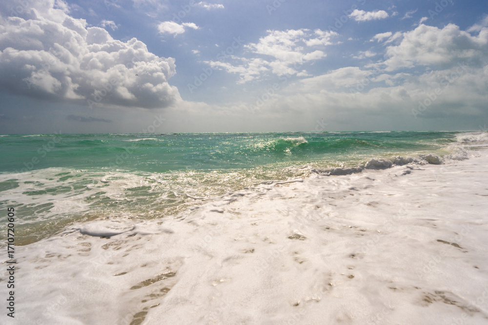Fototapeta premium Sea background. Blue ocean. Sandy sea beach. Ocean waves. Summer seaside. Tropical sea coastline. Exotic turquoise water. Foamy wave splash on sea. Sunny beach view.