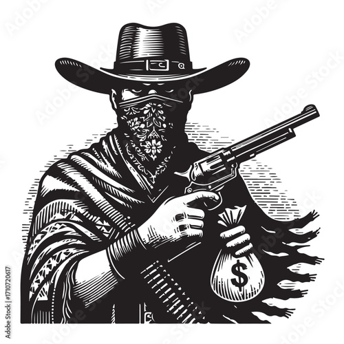 Gangster with gun illustration, vintage mafia man in hat, retro crime vector artwork