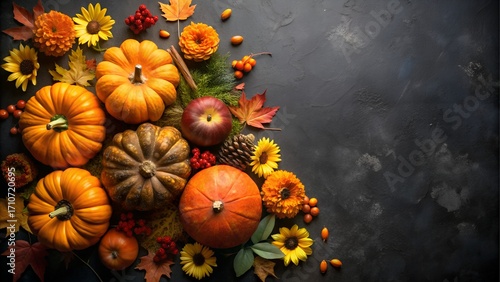 Autumn harvest arrangement with pumpkins and flowers