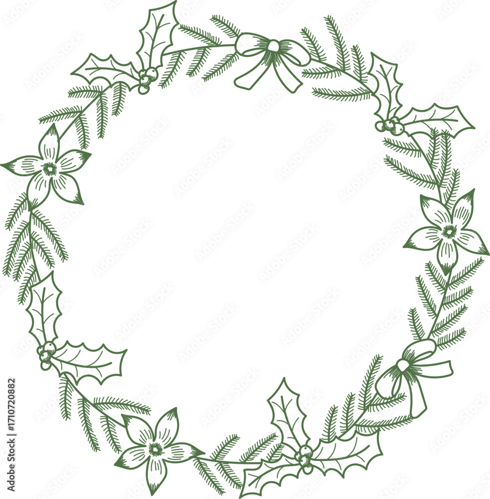 Fototapeta premium Floral Christmas Wreath Sketch