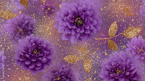 A captivating composition of purple flowers and golden dragonfly accents, creating a visually stunning and enchanting floral arrangement
