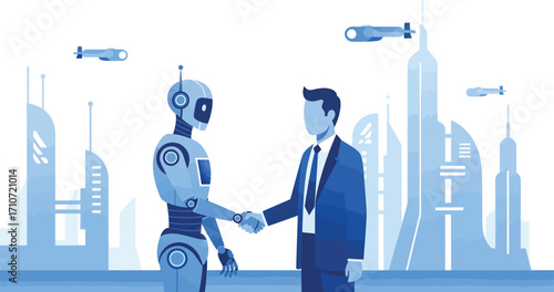 A human and a robot shaking hands in a futuristic city with flying vehicles in the background