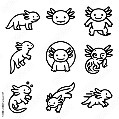 Cute Cartoon Axolotl Collection in Various Poses.