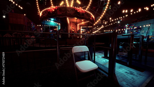 Принти на полотні A quiet amusement park at night showcases an unoccupied carousel adorned with colorful lights, casting a magical glow over the empty attractions and a lone white chair nearby
