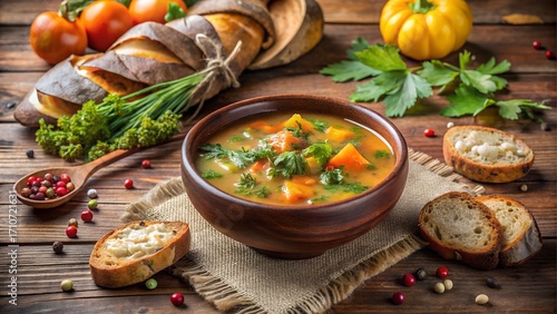 Bowl of hearty vegetable soup with bread and spices