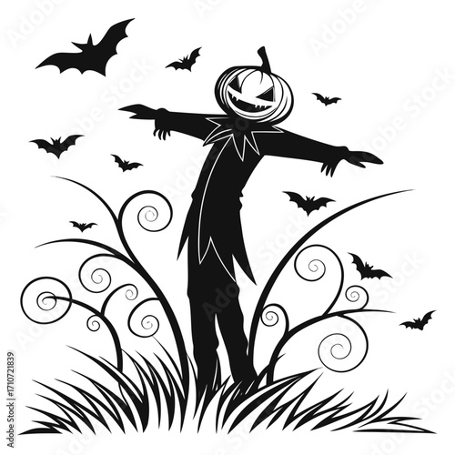Scary pumpkin scarecrow with bats and vines silhouette isolated on white background