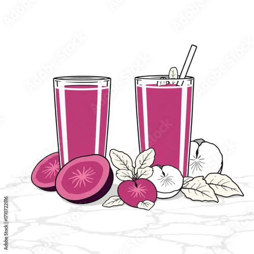 Fresh beet and ginger juice shots on marble