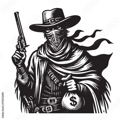 Gangster with gun illustration, vintage mafia man in hat, retro crime vector artwork