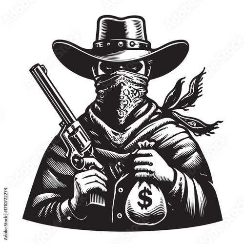 Gangster with gun illustration, vintage mafia man in hat, retro crime vector artwork