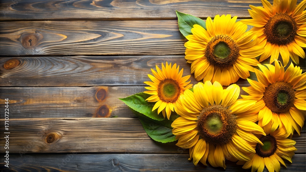 Obraz premium Sunflowers on a rustic wooden background