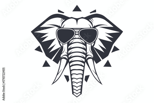 Stylized elephant head wearing sunglasses is featured in a monochrome badge with triangular accents