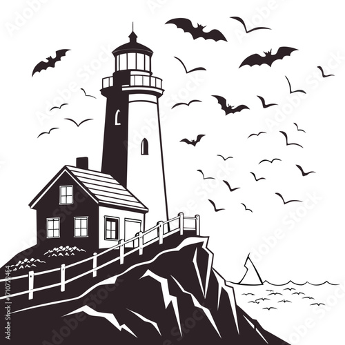 Lighthouse and house silhouette on a cliff with bats and birds isolated on white background